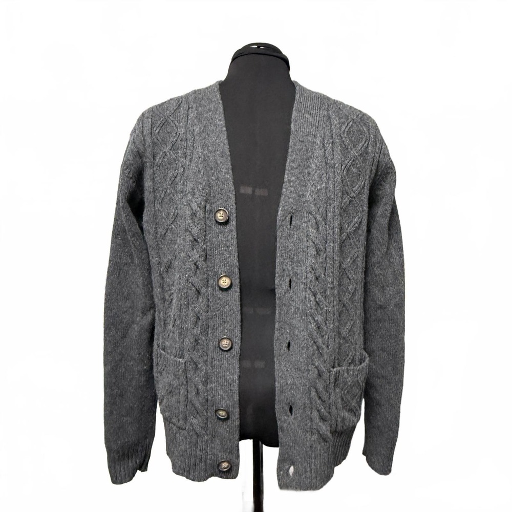 GANT Men's‎ Gray Cable Knit Button-Up Cardigan Sweater 100% wool grandpa L